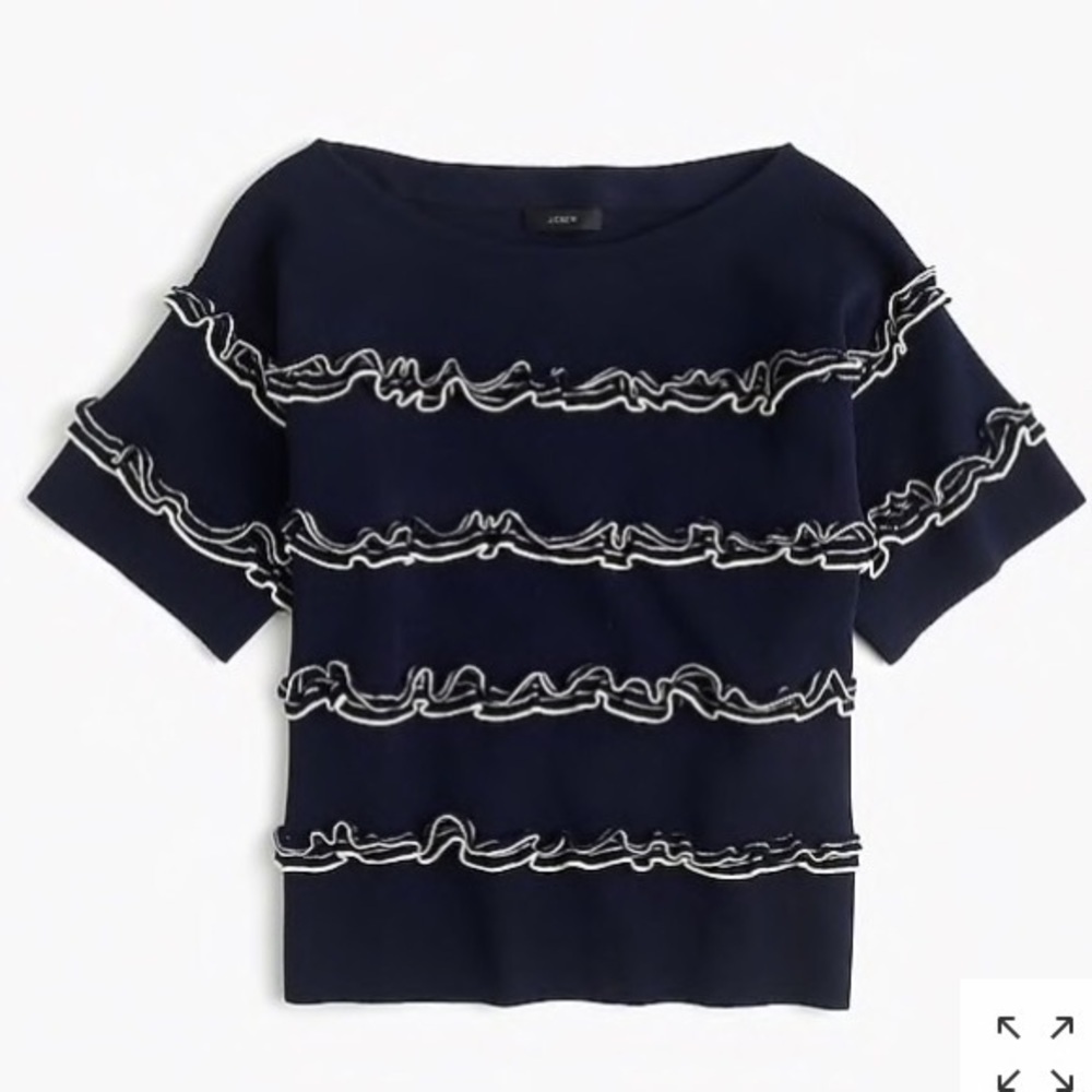 J. Crew Navy White Ruffle Boatneck sweater S M - Picture 2 of 8